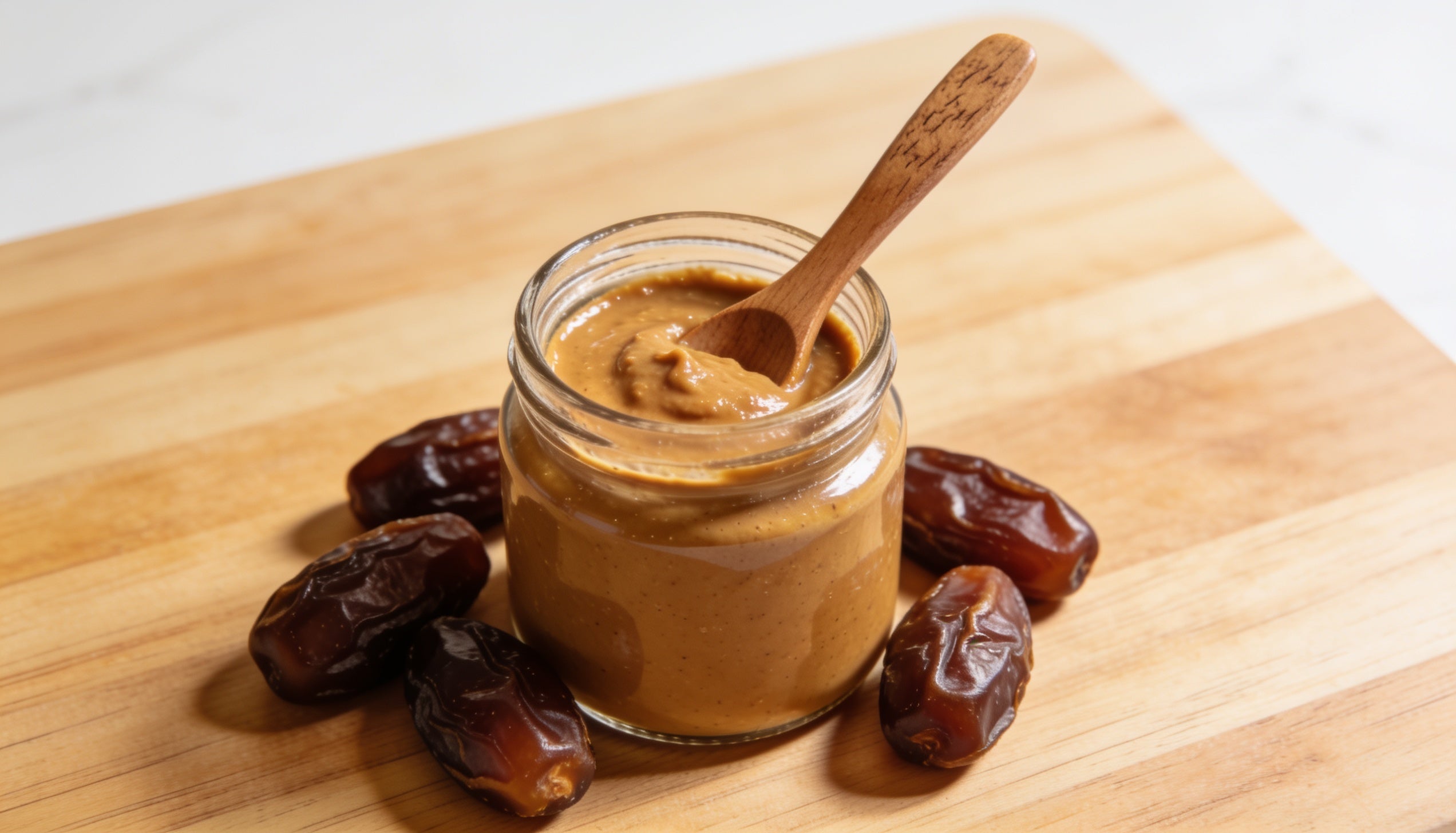 Homemade date paste in a glass jar with a wooden spoon, soft dates beside it