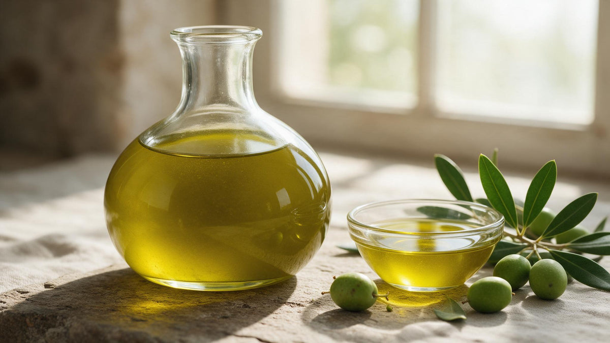 A carafe and tasting bowl of naturally cloudy unfiltered extra virgin olive oil with fresh olives