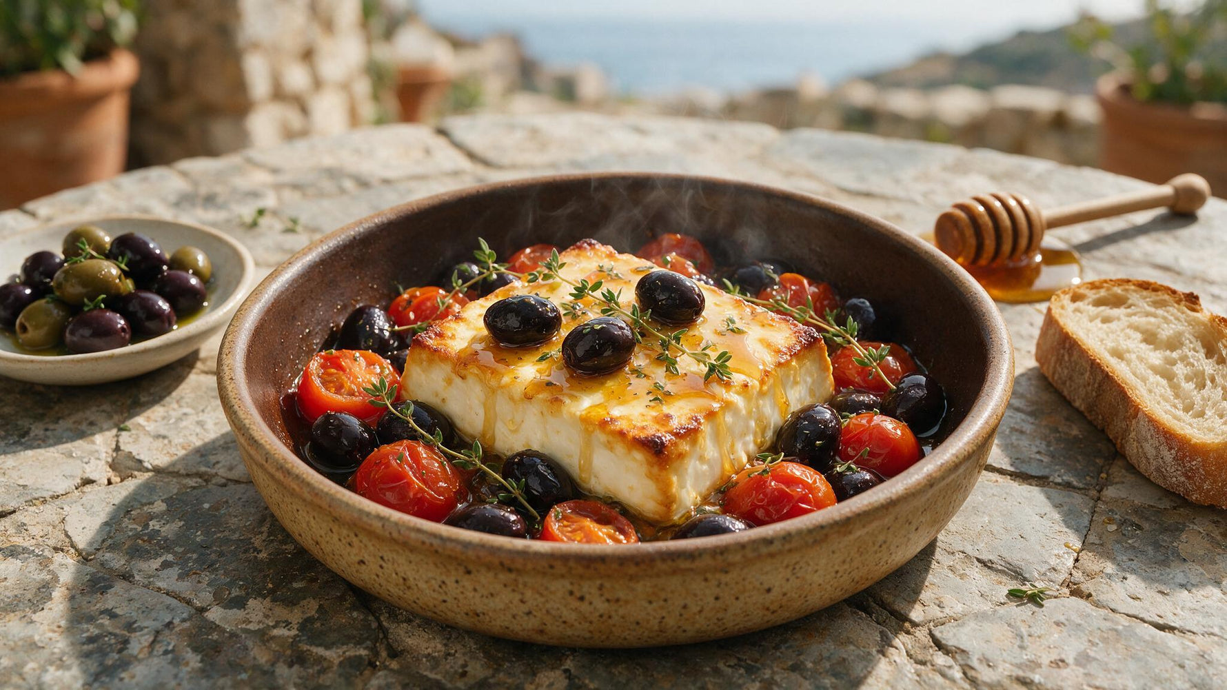 Greek baked feta with Kalamata olives, cherry tomatoes, olive oil and thyme honey in a rustic dish