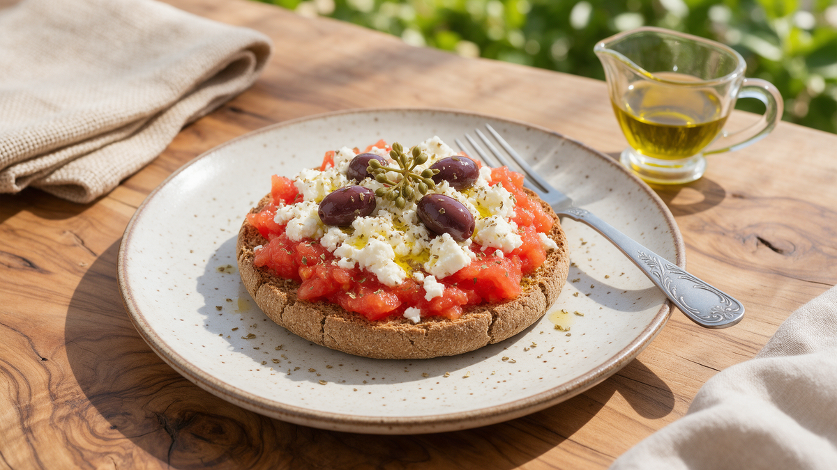 Cretan dakos: barley rusk topped with grated tomato, crumbled cheese, Kalamata olives and olive oil