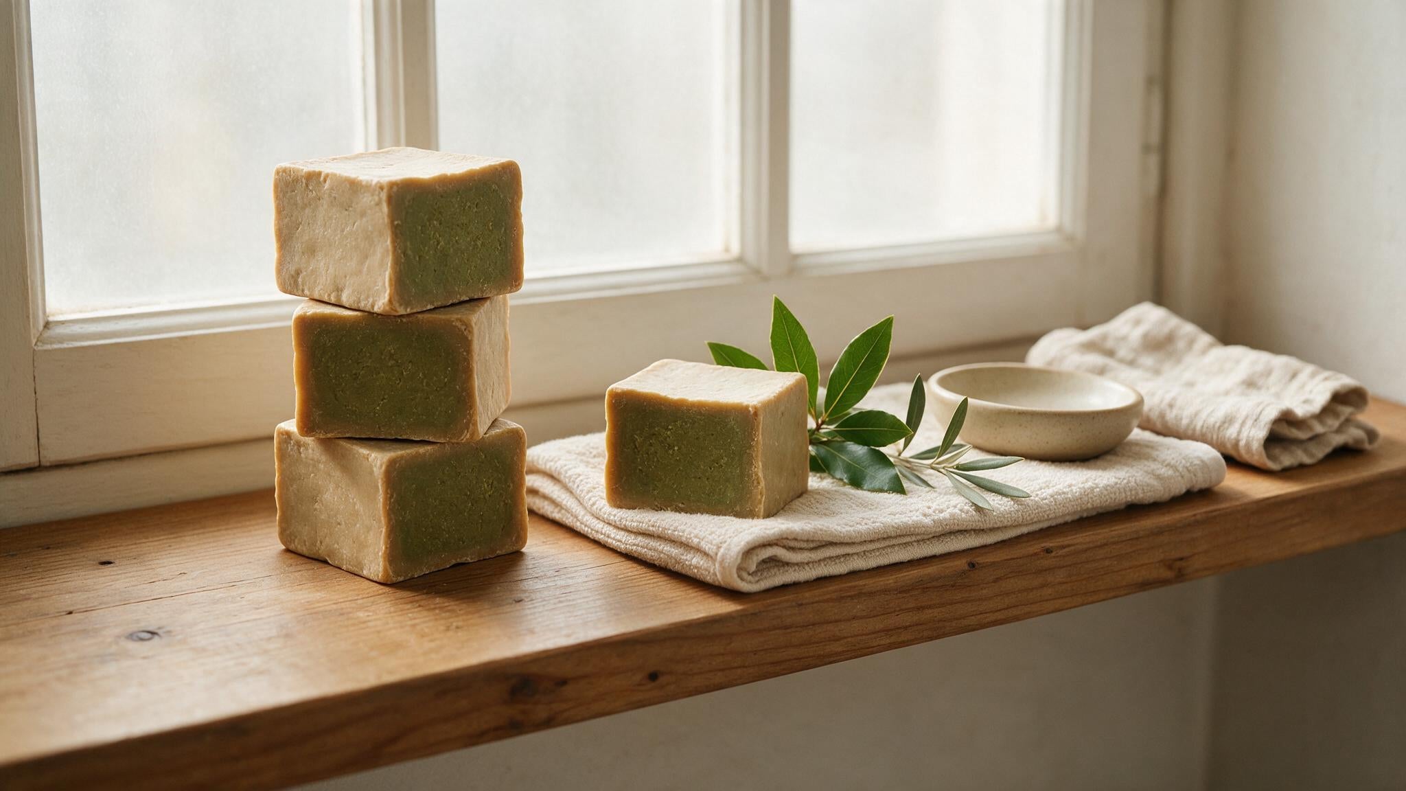 Traditional handmade Aleppo soap bars with an olive-green interior stacked on a wooden bathroom shelf