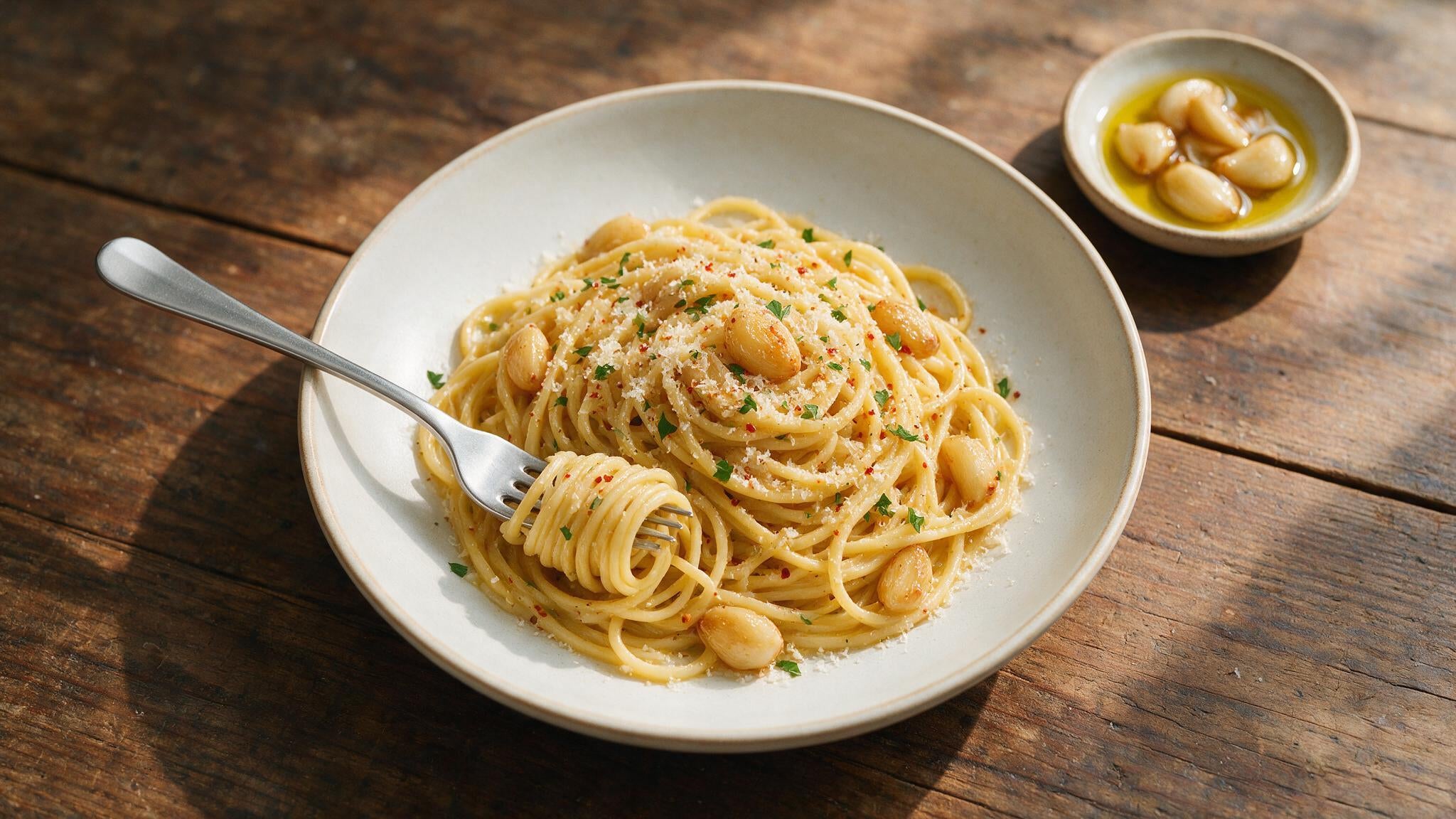 A plate of creamy garlic confit carbonara spaghetti with pecorino, chilli flakes and parsley, and a dish of golden confit garlic in olive oil