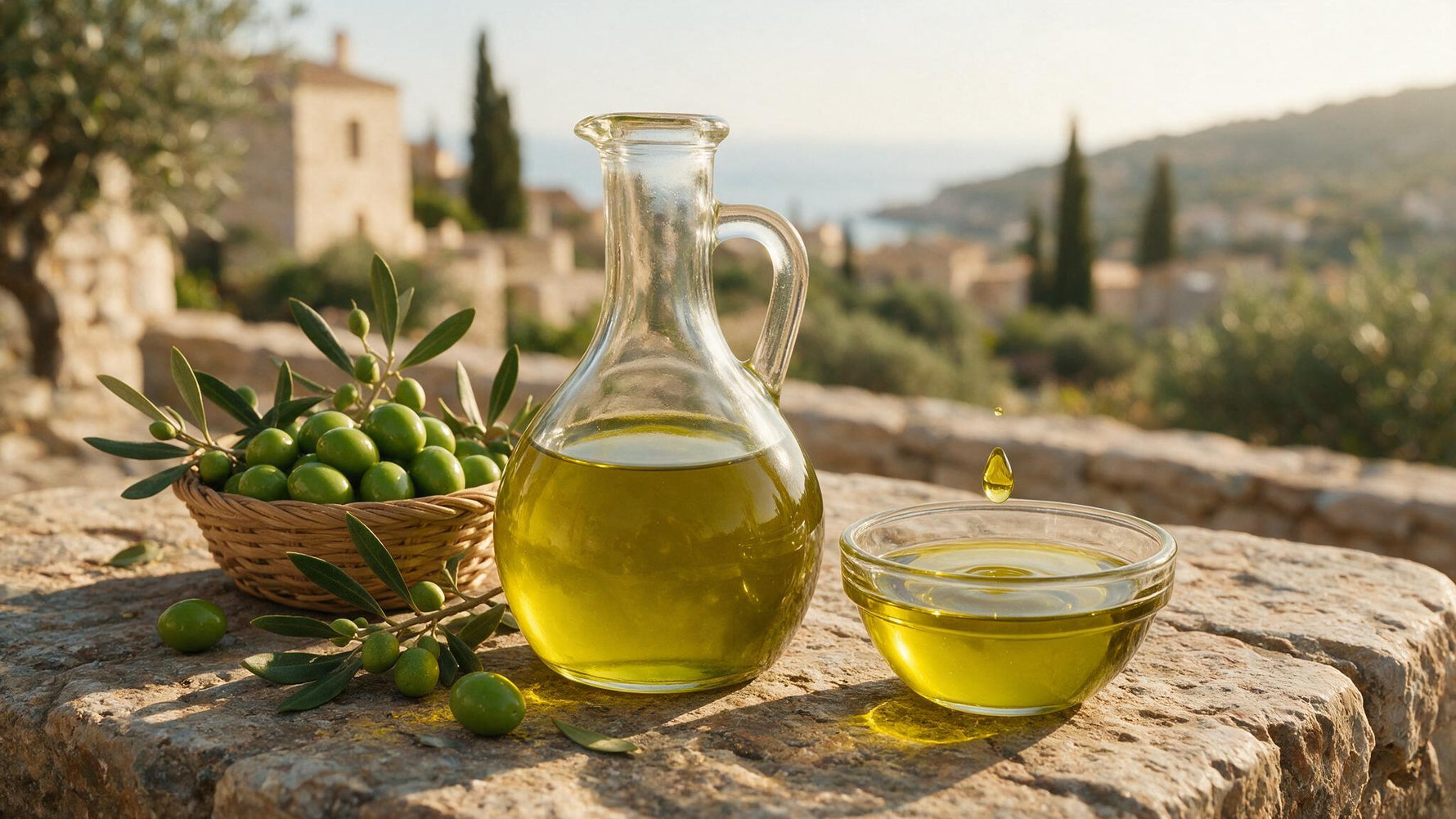 Naturally cloudy golden-green extra virgin olive oil in a glass carafe with fresh olives and olive branches on a Mediterranean stone table