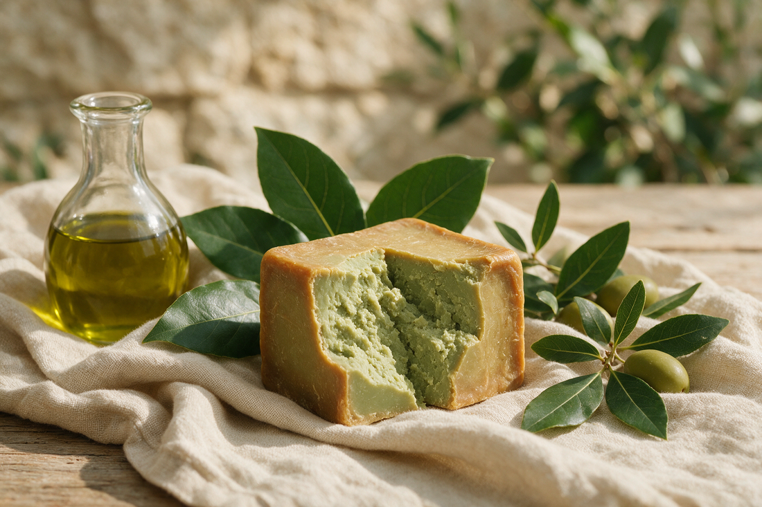 A cut bar of Aleppo soap beside olive oil, bay laurel leaves and olives