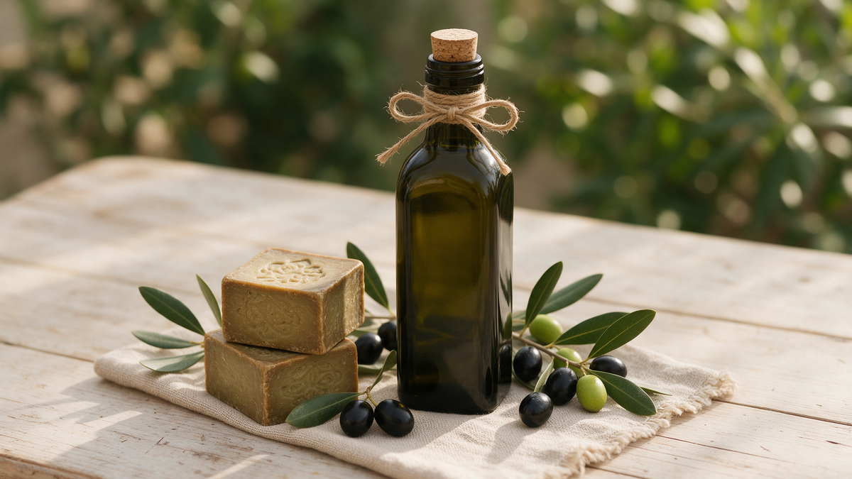 Elegant Mediterranean gift set with a bottle of Greek extra virgin olive oil, natural Aleppo soap bars and olive branches on a linen cloth