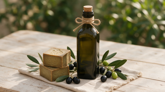 Elegant Mediterranean gift set with a bottle of Greek extra virgin olive oil, natural Aleppo soap bars and olive branches on a linen cloth