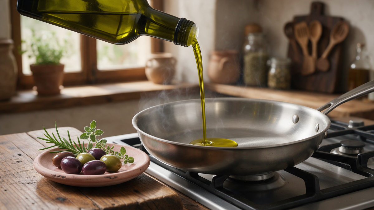 Extra virgin olive oil being poured into a hot frying pan in a Mediterranean kitchen
