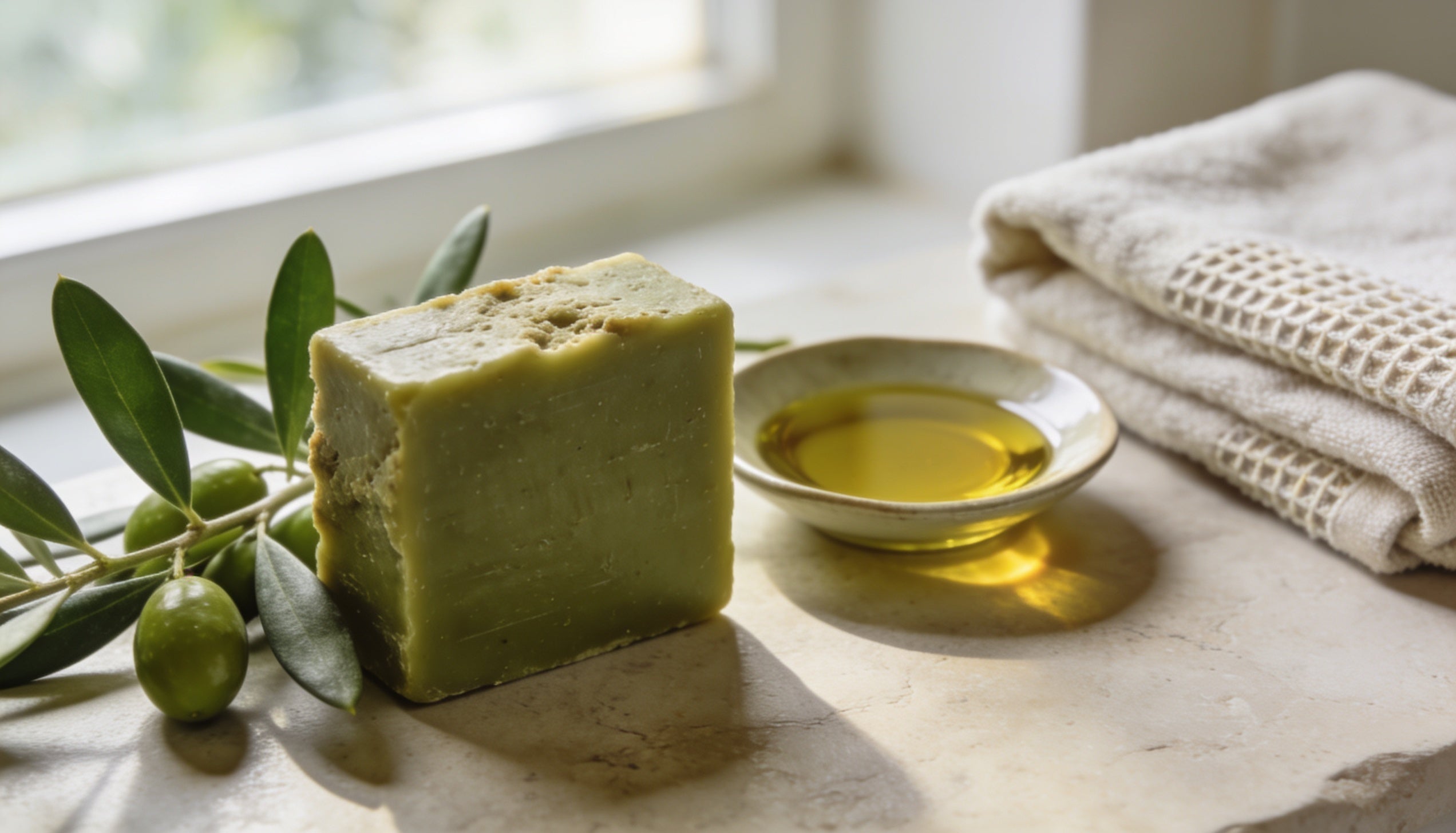 Handmade olive oil soap bar on stone beside olive branches and a dish of olive oil