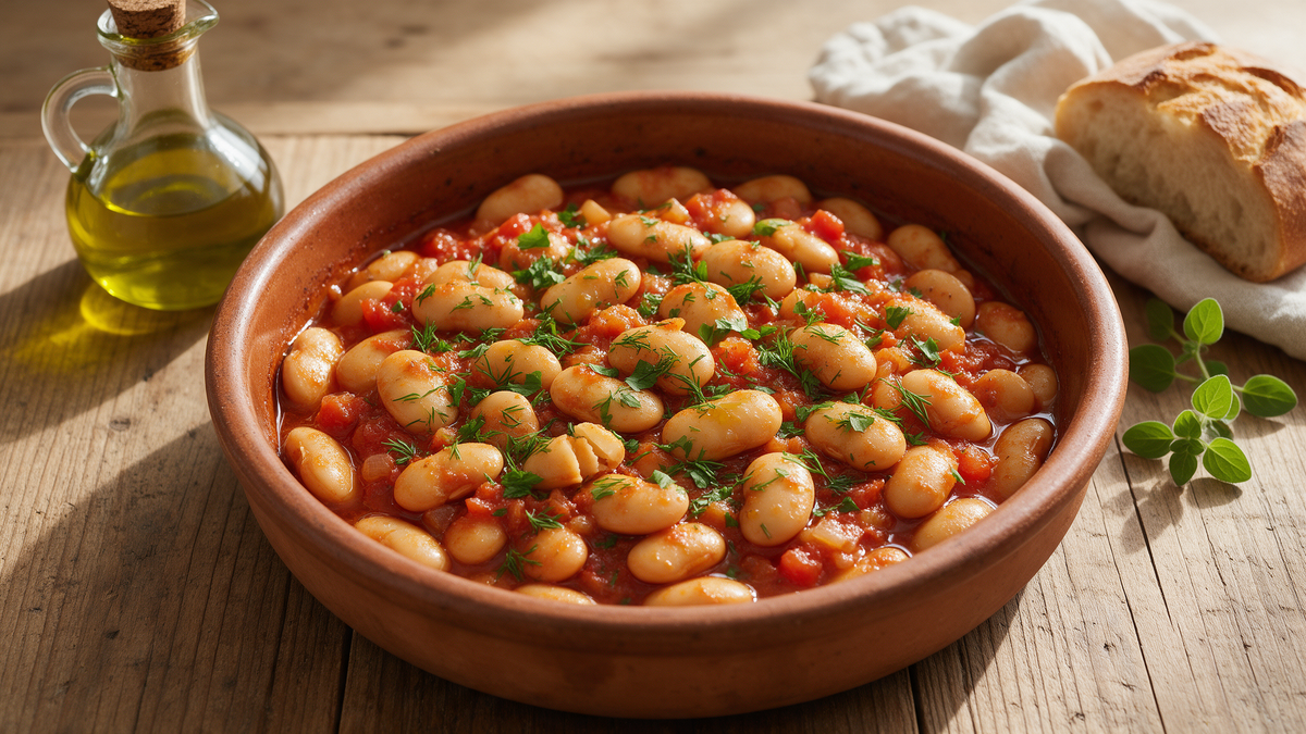 Greek gigantes plaki — giant white beans baked in tomato sauce with olive oil, dill and parsley in a rustic dish