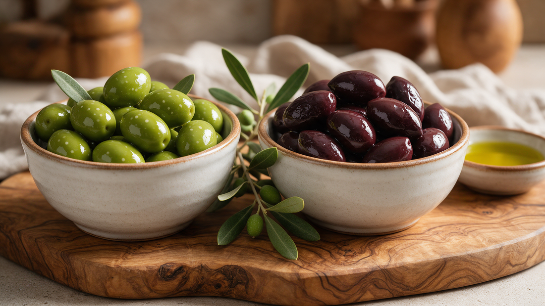 Two rustic bowls on an olive-wood board, one with green Chalkidiki olives and one with black Kalamata olives