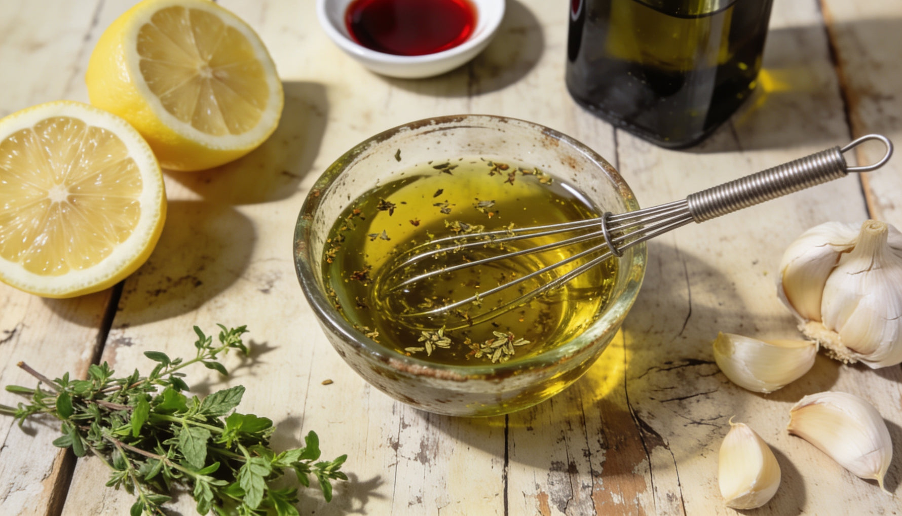 Golden Greek salad dressing being whisked in a rustic bowl with oregano, lemon and garlic