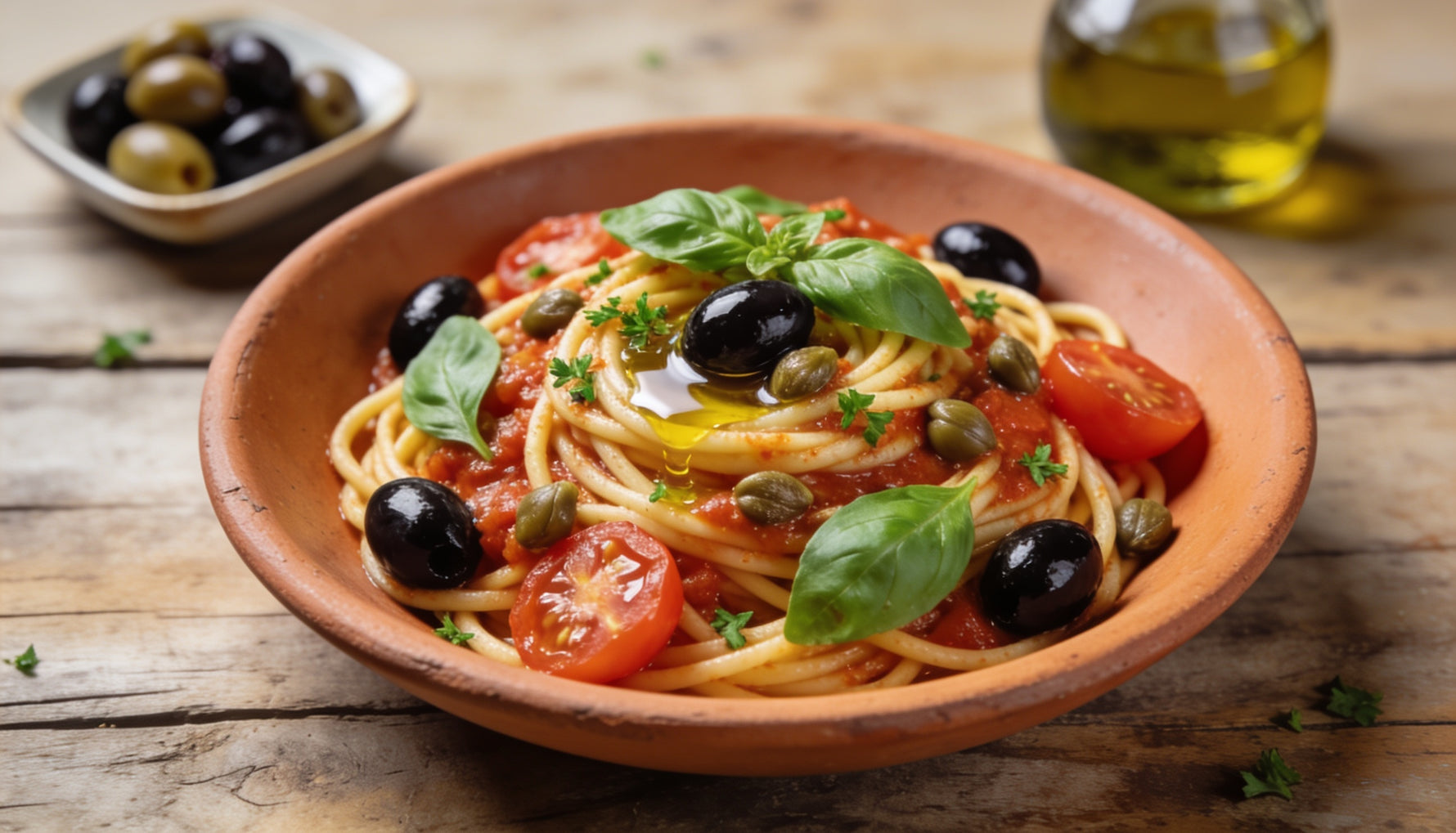 A rustic bowl of spaghetti alla puttanesca with black Kalamata olives, tomatoes and basil