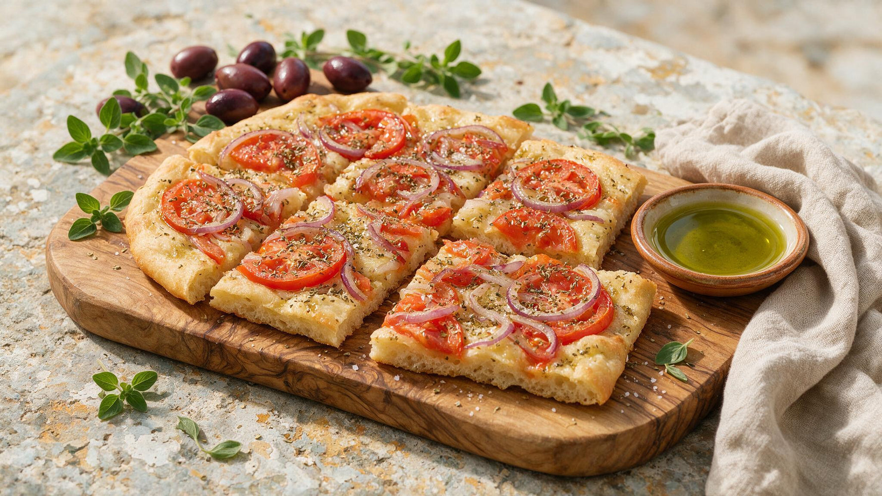 Ladenia, Greek olive oil flatbread topped with tomatoes, onions and oregano on an olive wood board