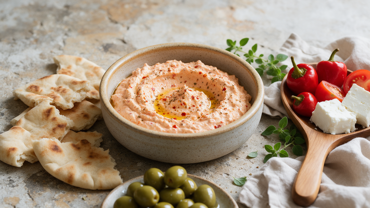 A bowl of spicy Greek tirokafteri whipped feta dip drizzled with olive oil, served with warm pita bread and green olives