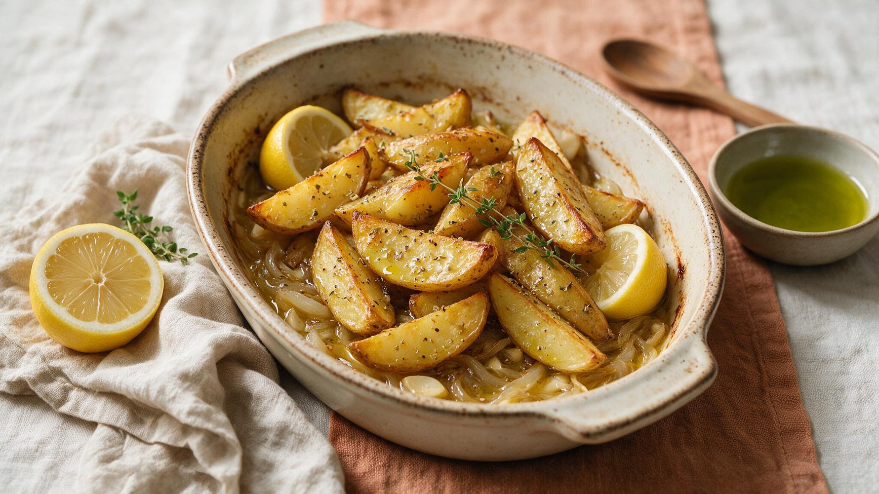 Golden Greek lemon potatoes roasted in olive oil with lemon and oregano in a rustic dish