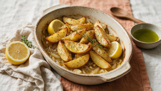 Golden Greek lemon potatoes roasted in olive oil with lemon and oregano in a rustic dish