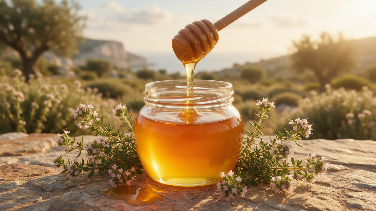 Golden Greek thyme honey being drizzled from a wooden dipper beside fresh sprigs of wild thyme