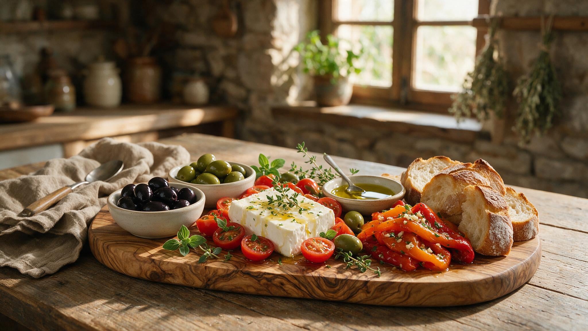 Mediterranean antipasti meze platter with green and black olives, feta, honey and olive oil on an olive wood board