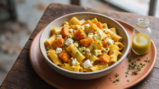 Bowl of creamy pumpkin and feta pasta with roasted pumpkin, crumbled feta, thyme and a drizzle of extra virgin olive oil
