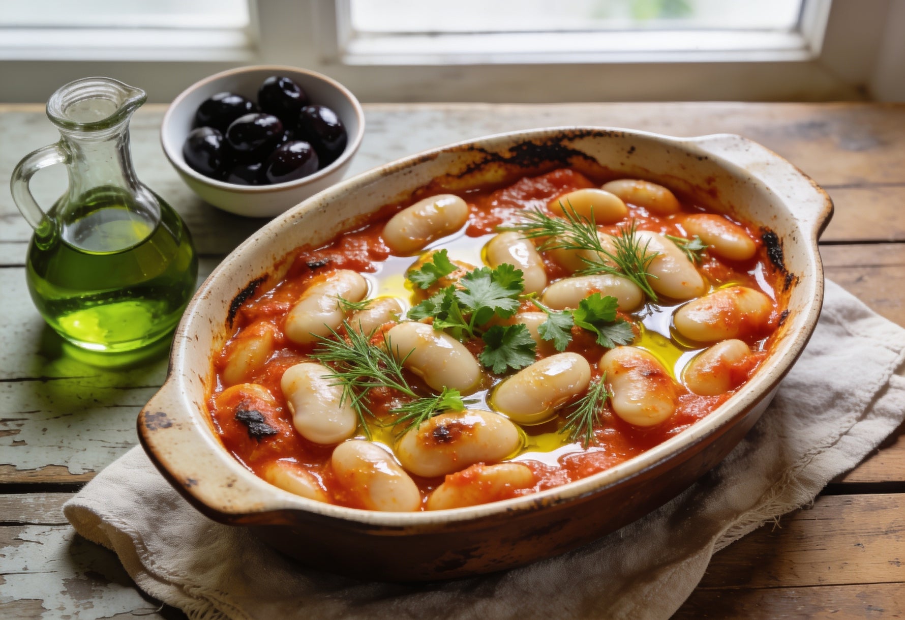 Greek gigantes plaki, baked butter beans in tomato and olive oil sauce, in a rustic ceramic dish