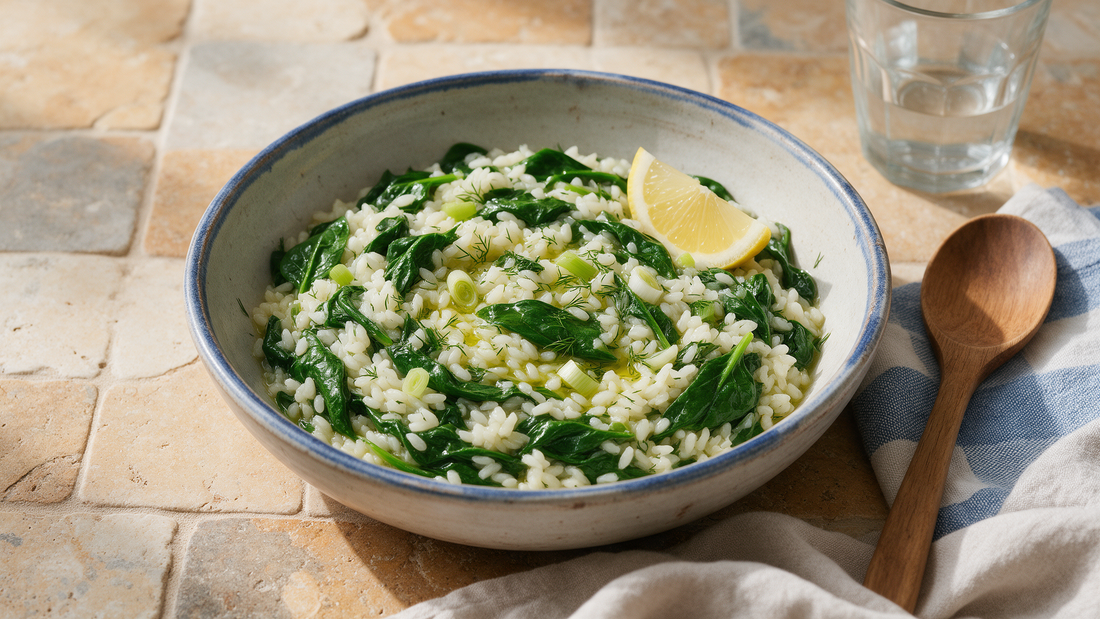 Greek spanakorizo — spinach and rice cooked in olive oil, served in a rustic bowl with lemon