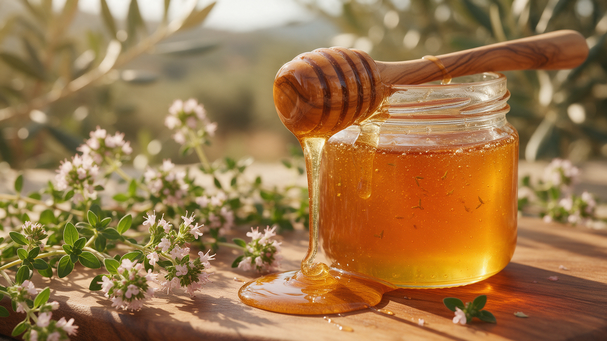 A jar of golden Greek thyme honey with an olive-wood dipper and fresh thyme sprigs on a rustic wooden board