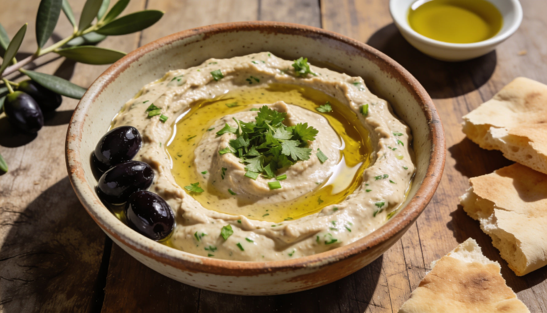 Bowl of Greek melitzanosalata aubergine dip drizzled with olive oil and garnished with Kalamata olives and parsley