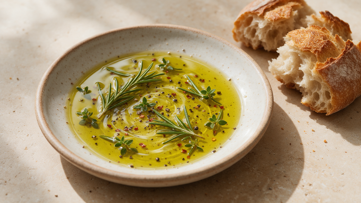Shallow dish of golden extra virgin olive oil with rosemary, thyme and cracked pepper beside crusty bread for dipping