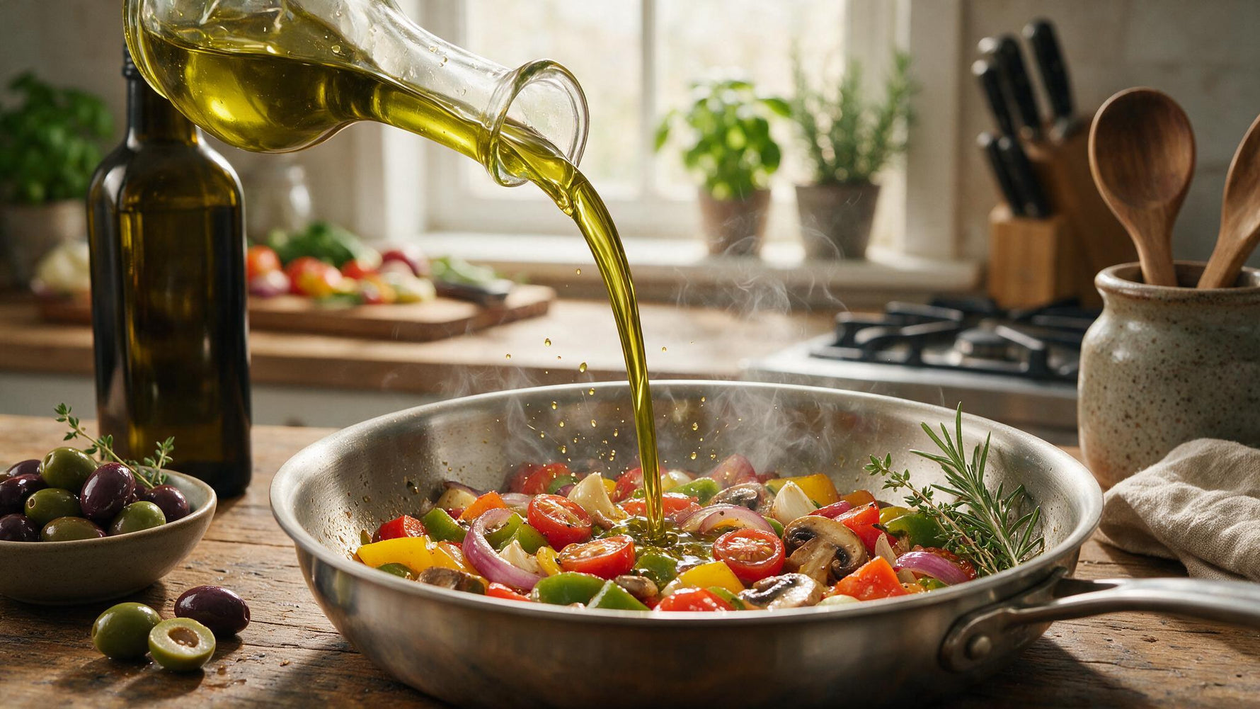 Extra virgin olive oil being poured into a warm pan with Mediterranean vegetables