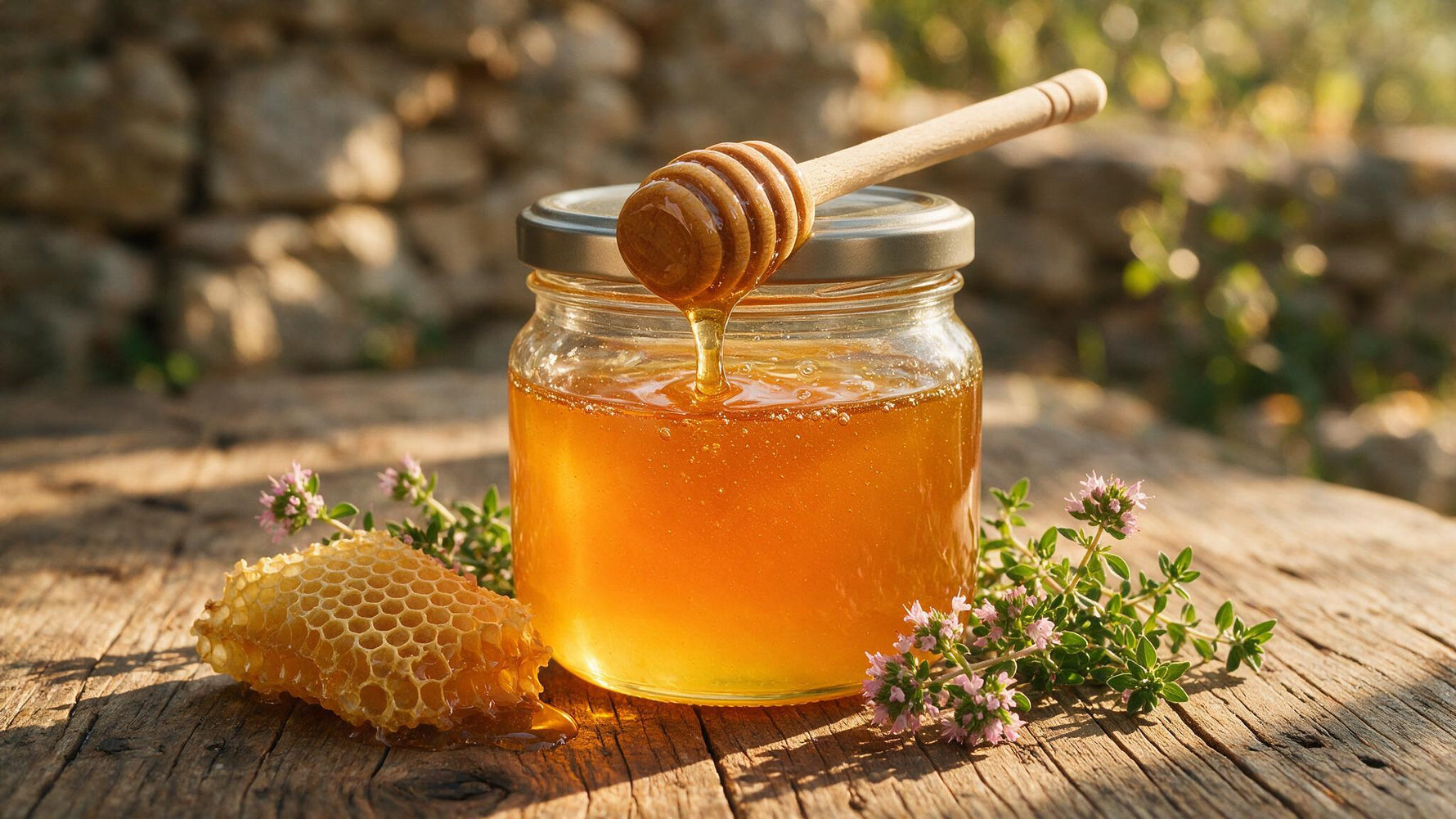 Jar of golden Greek thyme honey with a wooden dipper, honeycomb and flowering thyme