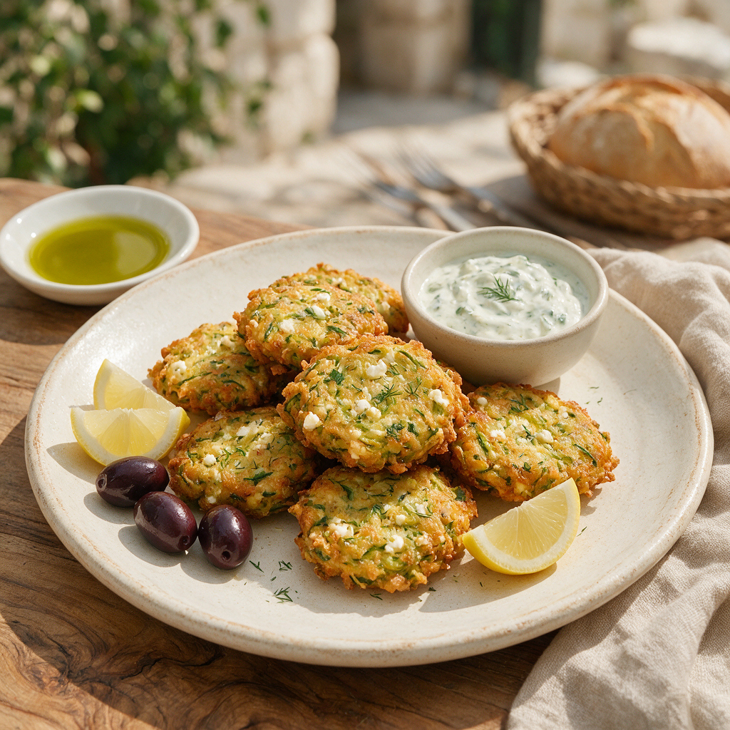 Golden crispy Greek courgette fritters (kolokithokeftedes) on a rustic plate with tzatziki, olive oil and Kalamata olives