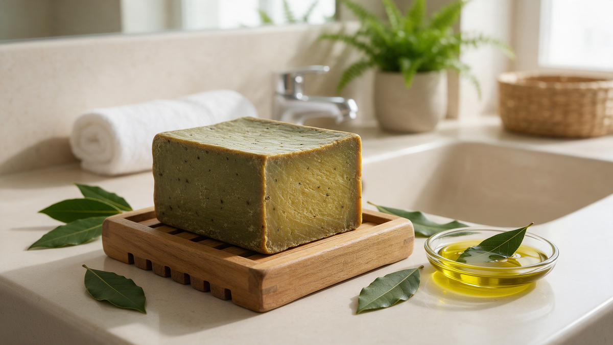 A traditional handmade Aleppo soap bar on a wooden soap dish beside a basin, with bay laurel leaves and a dish of olive oil