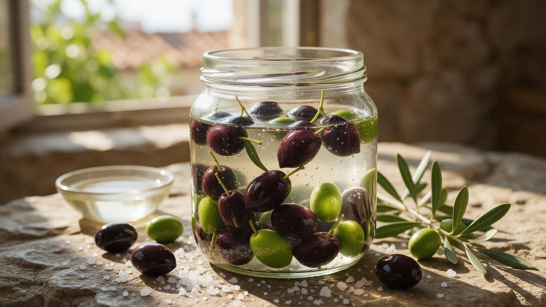 Black Kalamata and green olives curing in brine in a glass jar with sea salt and an olive branch