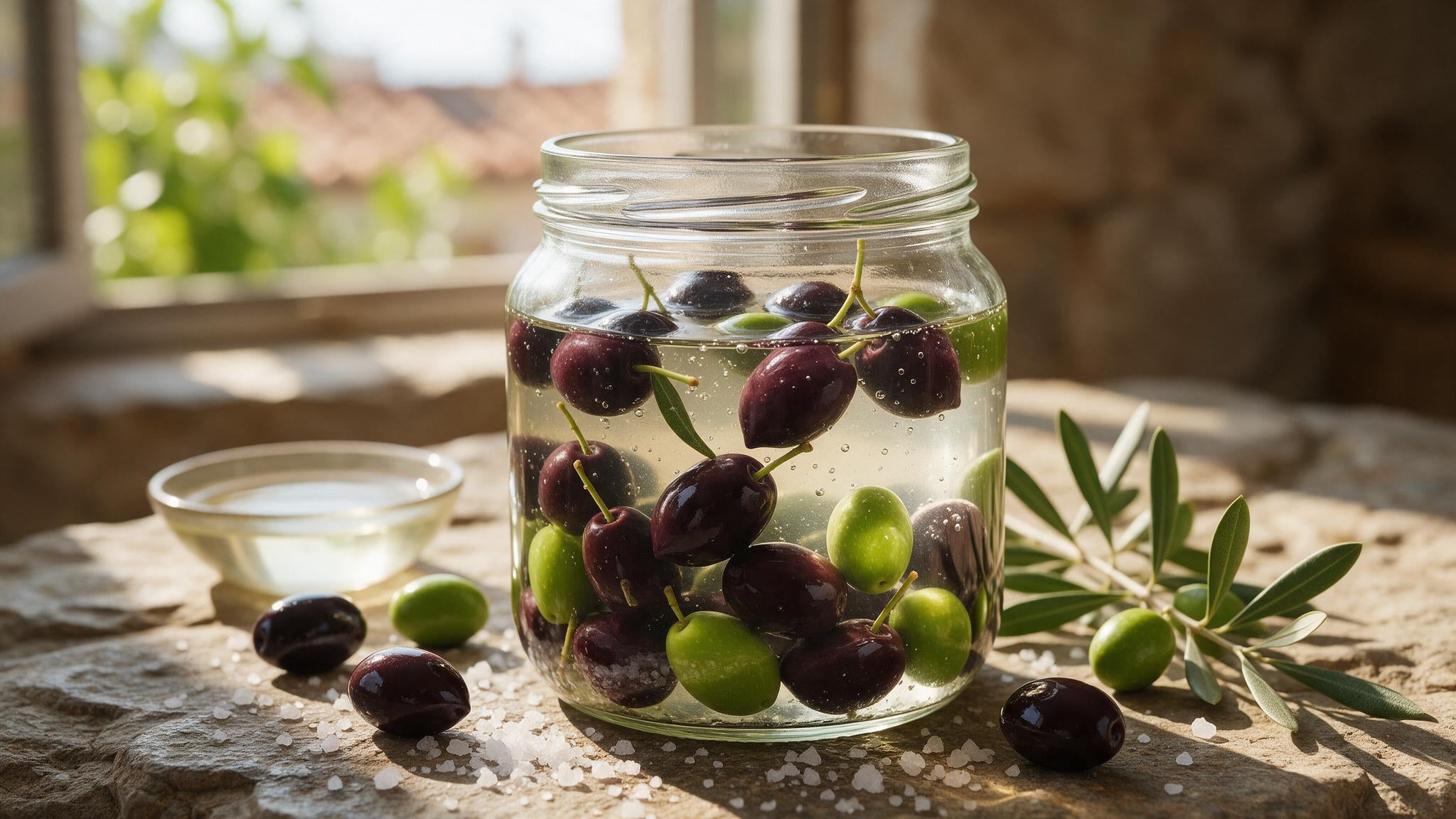 Black Kalamata and green olives curing in brine in a glass jar with sea salt and an olive branch