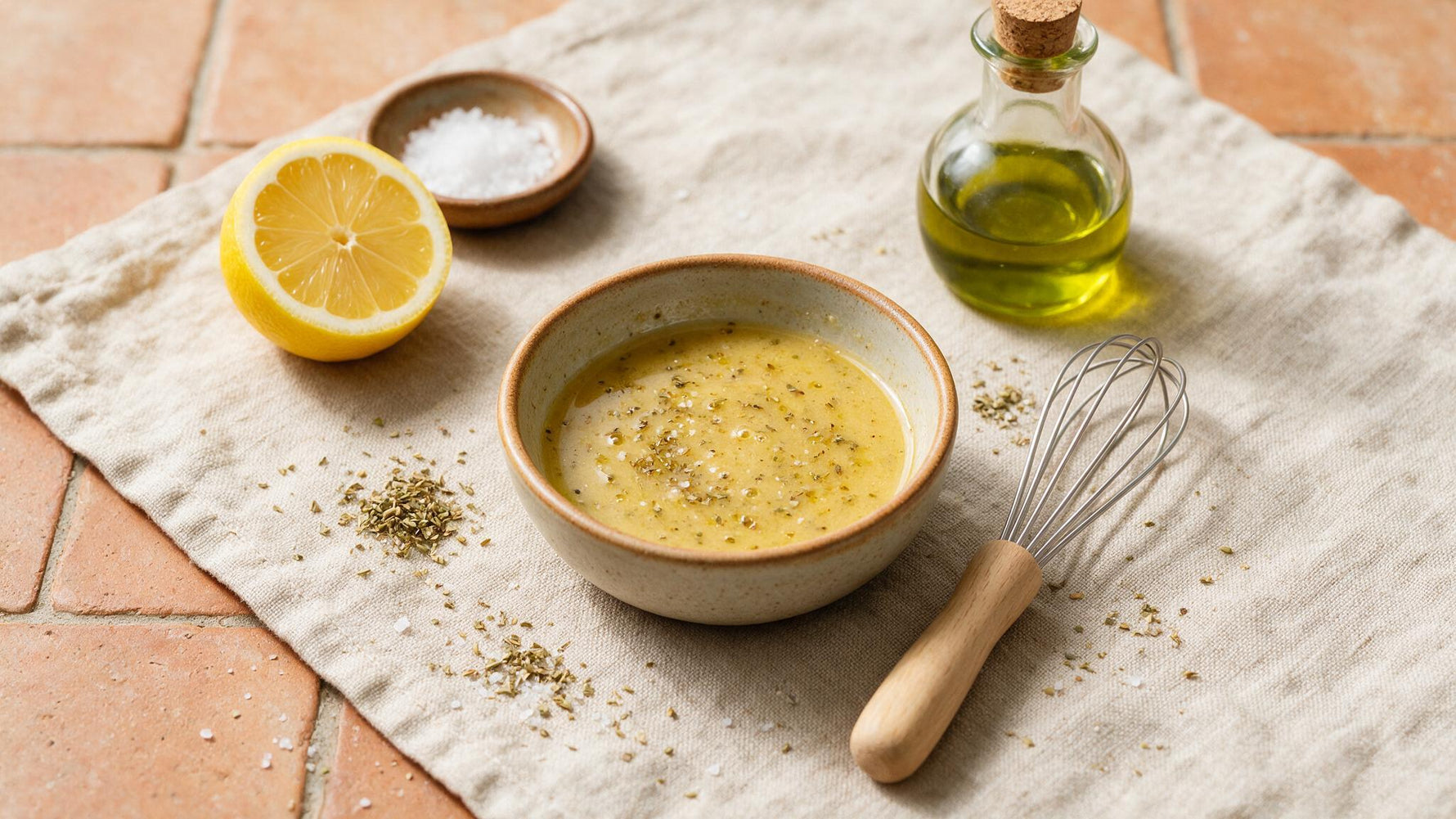 Greek salad dressing with olive oil, red wine vinegar and oregano in a rustic ceramic bowl