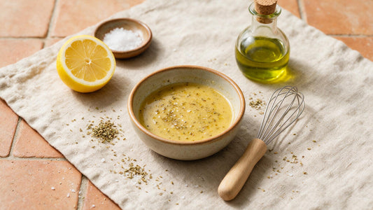 Greek salad dressing with olive oil, red wine vinegar and oregano in a rustic ceramic bowl