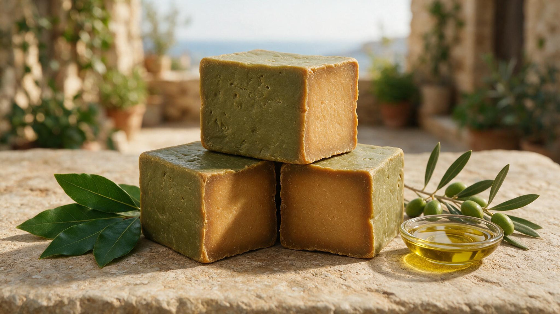 Traditional hand-cut Aleppo soap bars with olive-green exterior and golden interior, laurel leaves and olive branch