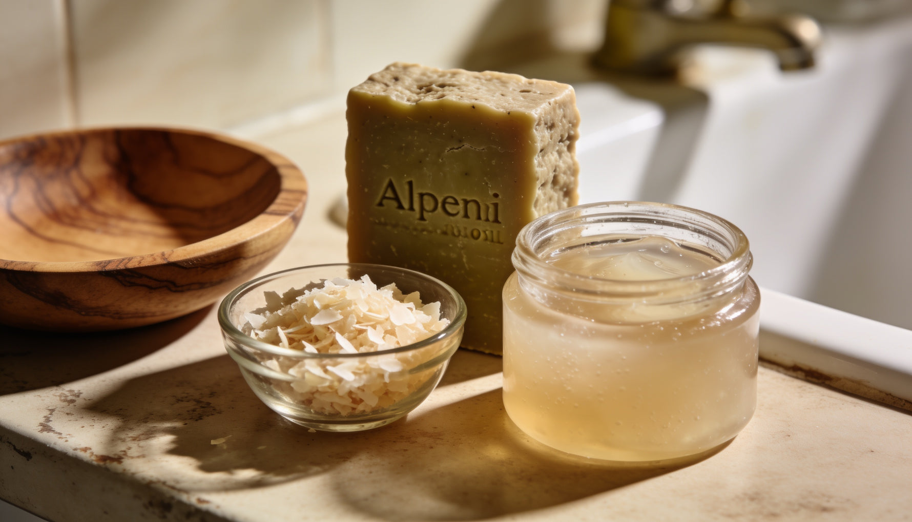 Bar of natural Aleppo soap next to soap shavings and a jar of homemade liquid soap