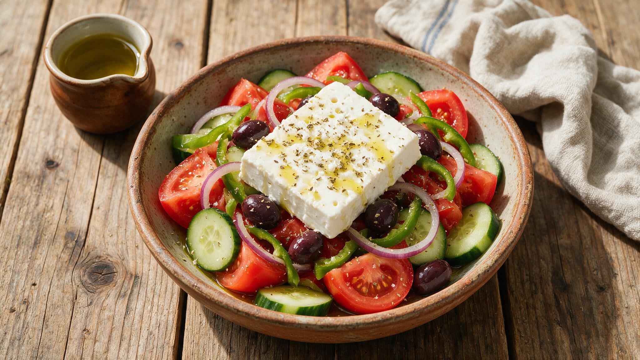 Authentic Greek horiatiki village salad with tomatoes, cucumber, Kalamata olives, feta and olive oil in a rustic bowl