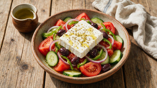 Authentic Greek horiatiki village salad with tomatoes, cucumber, Kalamata olives, feta and olive oil in a rustic bowl