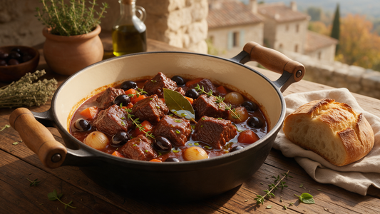 Provençal beef daube with black Kalamata olives, carrots and herbs in a cast-iron pot