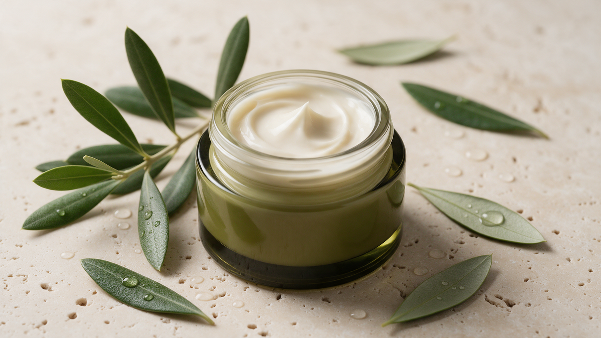 Open jar of olive-leaf antioxidant face cream surrounded by fresh olive leaves on a stone surface
