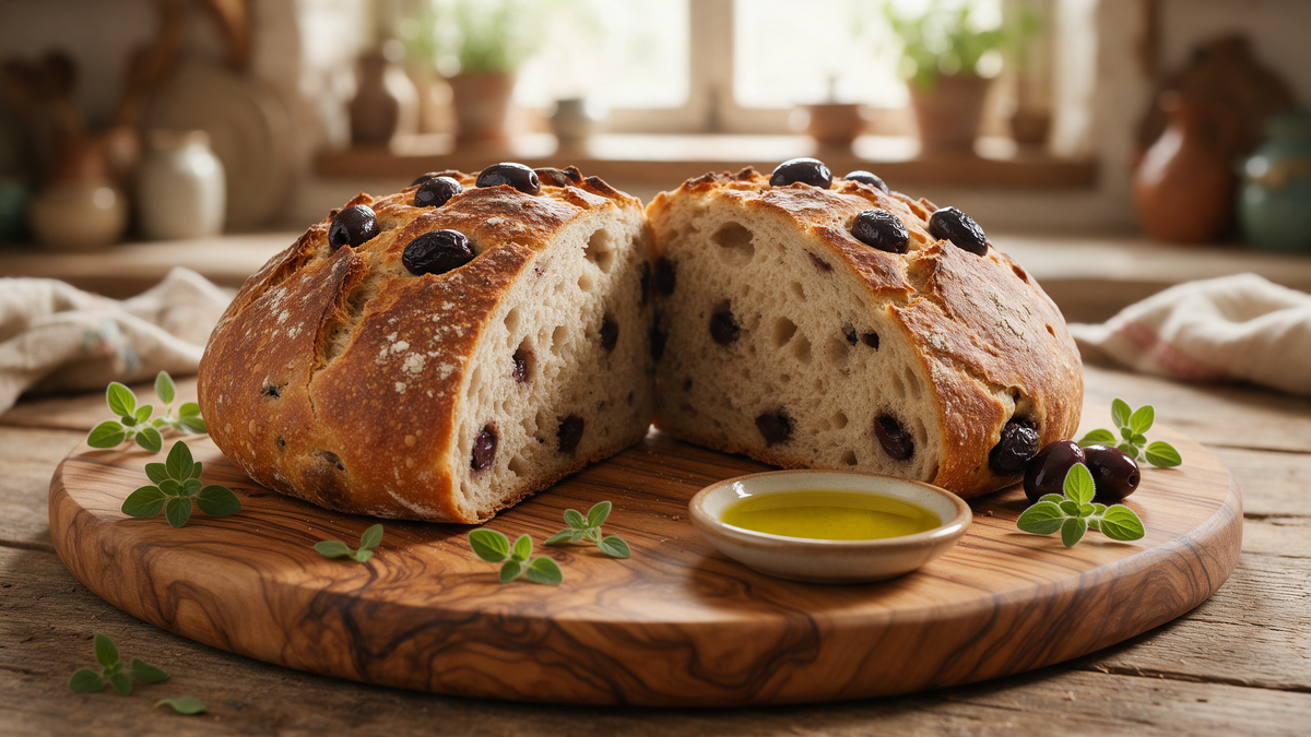 Rustic round loaf of Greek olive bread studded with black Kalamata olives, sliced open on an olive-wood board