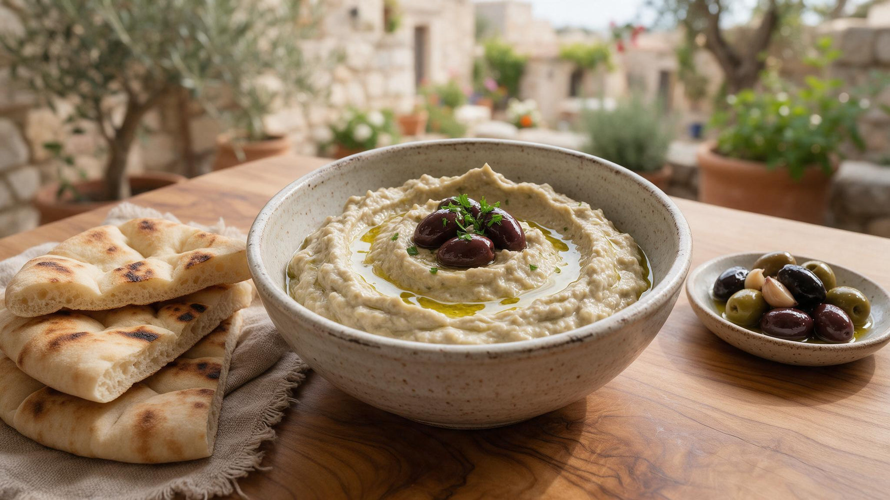 Bowl of smoky Greek melitzanosalata aubergine dip drizzled with olive oil and garnished with Kalamata olives and parsley