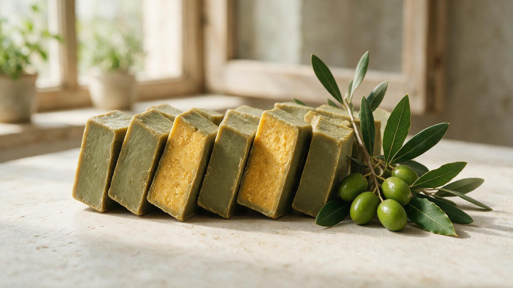 Row of traditional hand-cut Aleppo soap bars with olive branch and laurel leaves