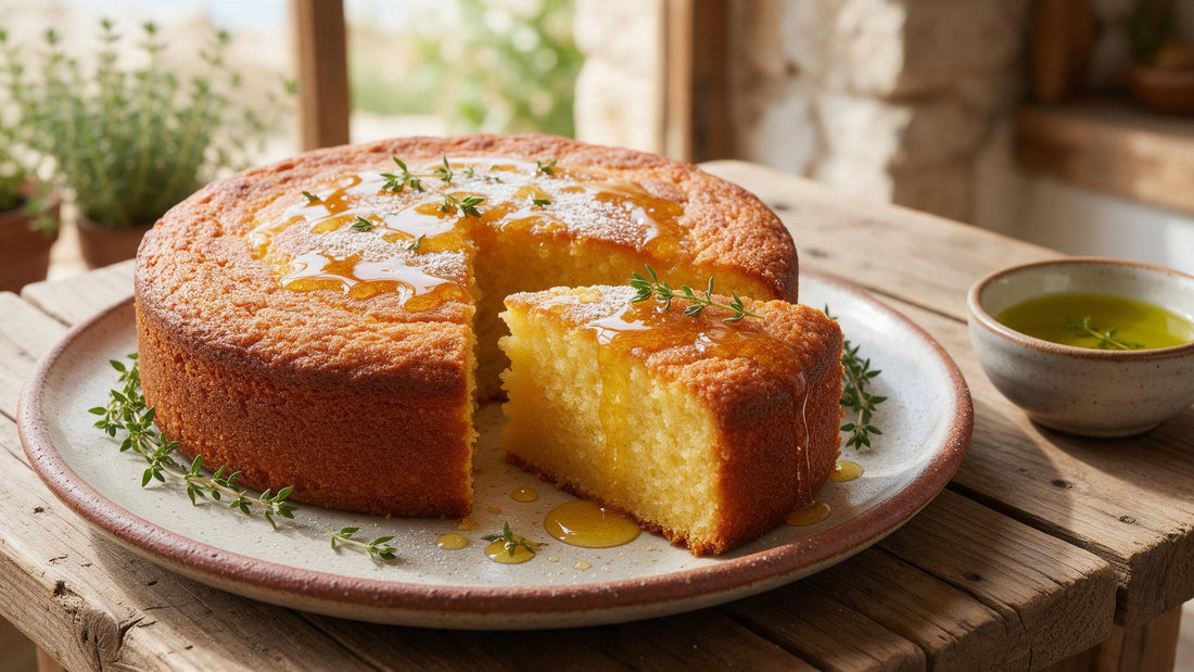 A slice of golden Greek olive oil cake drizzled with thyme honey on a rustic plate