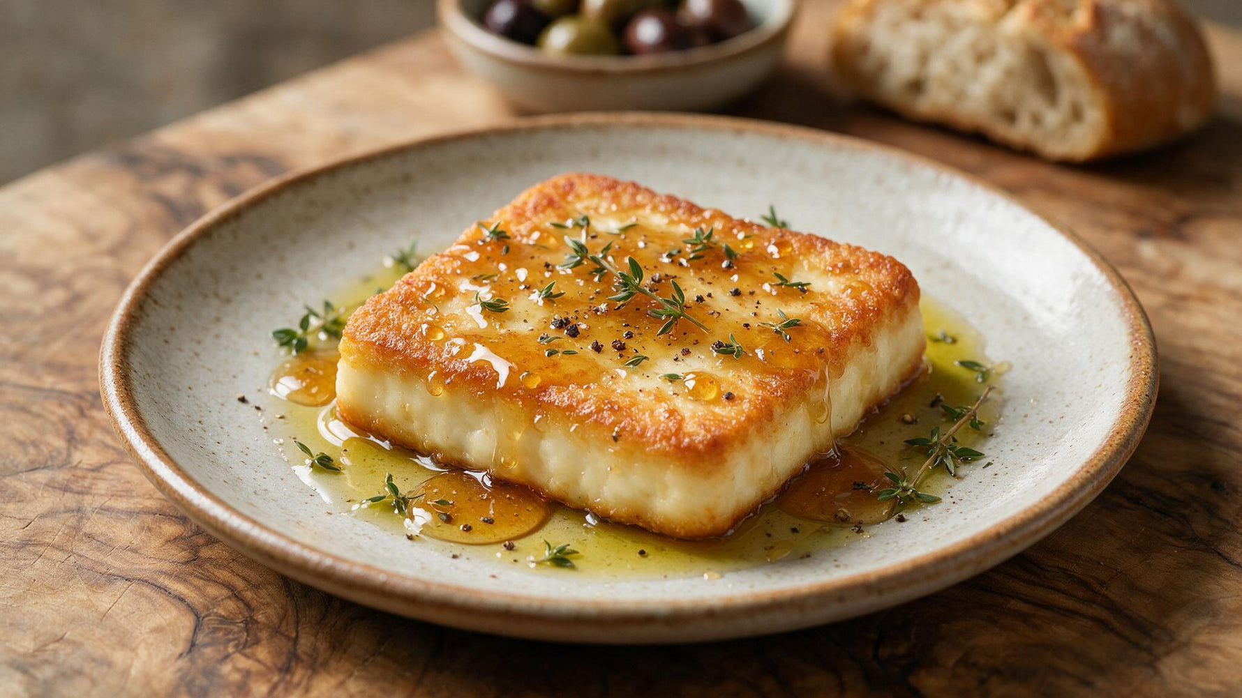 Golden pan-fried feta saganaki drizzled with thyme honey and fresh thyme on a rustic plate