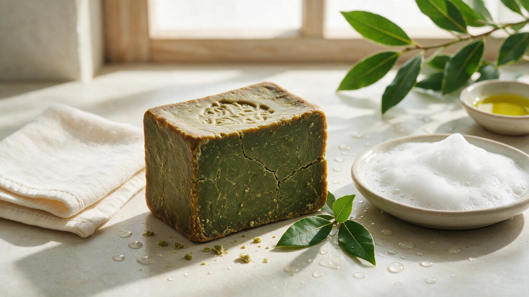 Handcrafted Aleppo soap bar with laurel leaves and creamy lather on a stone bathroom surface