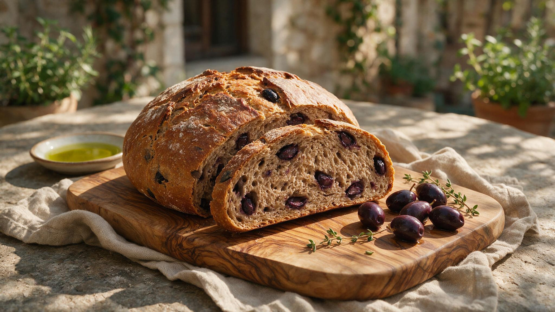 Rustic Greek olive bread (eliopsomo) studded with black Kalamata olives, part-sliced on an olive-wood board