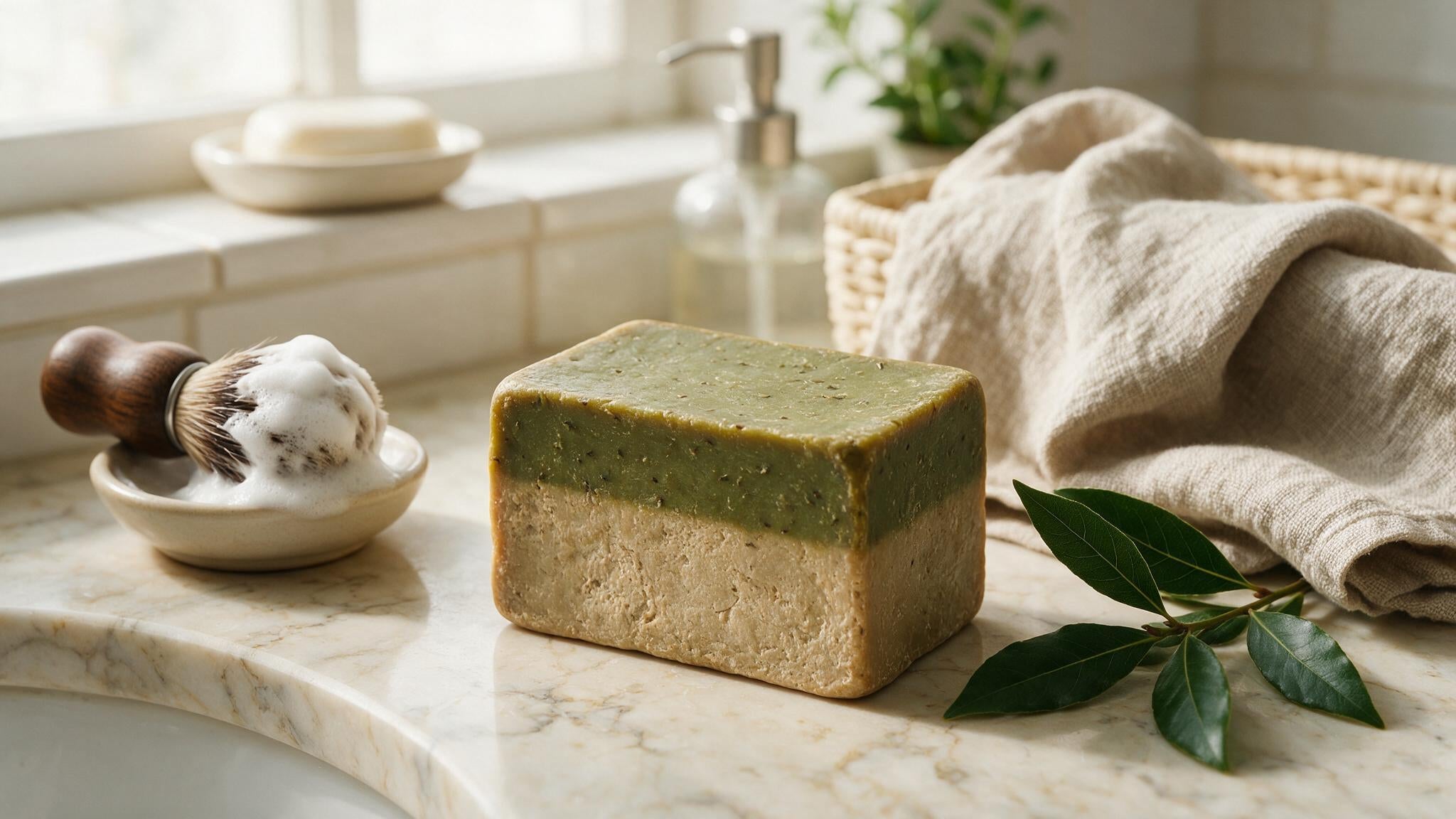 Traditional Aleppo soap bar beside a shaving brush and lather on a marble counter